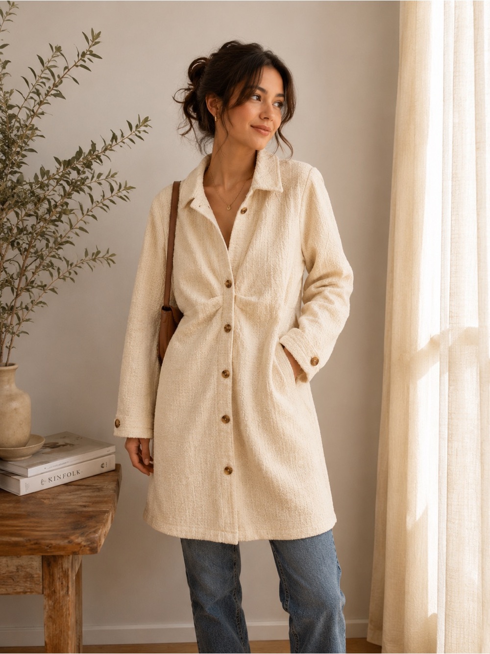 Cider Cream Textured Button-Front Trench Coat